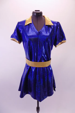 Royal blue shimmery tunic style short V-neck dress with side slits, has a gold lapel collar and matching gold belt. Comes with matching brief and hair accessory. Front