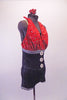 Red country-paisley patterned halter tie-neck unitard has an attached high waisted denim-like short that starts from just below the bustline and has large front button accents. The back pockets are lined with red crystals. Nude shoulder straps are attached for better support. Comes with matching hair accessory. Side