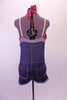 Red country-paisley patterned halter tie-neck unitard has an attached high waisted denim-like short that starts from just below the bustline and has large front button accents. The back pockets are lined with red crystals. Nude shoulder straps are attached for better support. Comes with matching hair accessory. Back