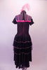 Saloon themed dress has a pink torso overlain by sheer black stripes at bust, sides and back. The knee-length skirt has triple-layered black peplum bustle. Pink ruffles accent the sweetheart neckline. Comes with black sheer striped pull-on sleeves and feathered hair accessory. Back