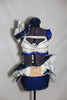 Double layered blue/silver wave skirt, hugs the hips/waist, by Velcro band.Bra has blue satin ruffles,covered with AB crystals and shoulder piece mimics skirt, front