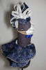 Double layered blue/silver wave skirt, hugs the hips/waist, by Velcro band.Bra has blue satin ruffles,covered with AB crystals and shoulder piece mimics skirt, side