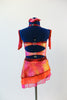 Jazz or skate costumes is speckled spandex , with pink and orange chiffon and crystal accents on back, back