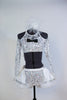 White and silver halter neck top with  long sleeves and a corset  lace-up back.Has black bow-tie accent .Comes with panty and white-silver, petticoat skirt. Front