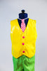 Custom designed neon green pants,& a bright yellow, shiny leathery vest with hot pink sparkle buttons and a pink and white striped tie. Own shirt needed . front zoom