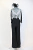 Black pin-stripe Zoot-Suit pant with a white/silver sequined &crystal bra that has fringe of dangling beads. Includes black headpiece and long gloves. Full 