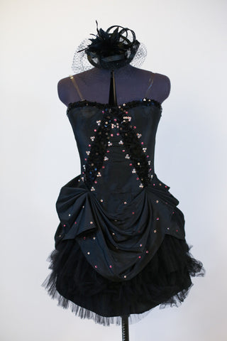 Black taffeta dress with black sequin detail has layers of tulle and crinoline, pink and AB Swarovski crystals, Comes with black head piece. Front