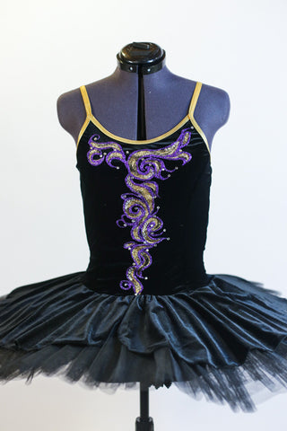 Black velvet hand painted open back tutu is a single attached piece comprised of the bodice, panty and overlay & boned, tacked  professional, platter tutu. Front zoom