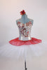 White platter tutu, has crimson glitter chiffon overlay White leotard has a front panel with gold & red sequined flower design. Comes with rose hair accessory. Front