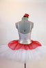 White platter tutu, has crimson glitter chiffon overlay White leotard has a front panel with gold & red sequined flower design. Comes with rose hair accessory. Back