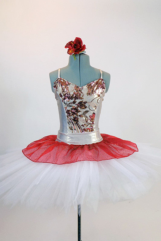 White platter tutu, has crimson glitter chiffon overlay White leotard has a front panel with gold & red sequined flower design. Comes with rose hair accessory.  Front