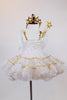 White tulle dress with  small gold stars &smocked bodice has detachable white feather wings, a gold star wand and a small gold tiara headpiece. Front