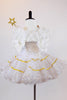 White tulle dress with  small gold stars &smocked bodice has detachable white feather wings, a gold star wand and a small gold tiara headpiece. Back