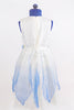 White organza dress with sheer blue overlay and blue flowers around waist. Back