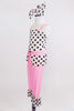 Pink capri pant with black& white polk-a-dot ruffle, matching polk-a-dot crystalled top with peplum & pink waistband.  Has large matching bow hair piece.  Side
