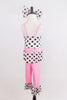 Pink capri pant with black& white polk-a-dot ruffle, matching polk-a-dot crystalled top with peplum & pink waistband.  Has large matching bow hair piece.  Back