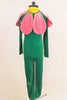Disney Inspired child's one piece velvet flower costume zips fully up into a yellow hood and has large pink petals. Front
