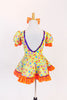 Yellow bodysuit with coloured polk-a-dots,purple sequin trim & mesh insert with crystals, has matching skirt with  petticoat & orange crystal bow hair piece.Back