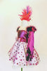 A-line dress has magenta bodice & matching polk-a-dot bottom.Crystals on front & back .Has gloves with pearls & marabou trim, & decorated, feather head piece. Side