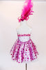  A-line dress has magenta bodice & matching polk-a-dot bottom.Crystals on front & back .Has gloves with pearls & marabou trim, & decorated, feather head piece. Back