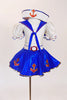 Sailor themed costume has white half top with blue collar, red  anchor motif & red crystals. Come with a blue skirt with white petticoat & white sailor hat . Front