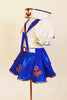 Sailor themed costume has white half top with blue collar, red  anchor motif & red crystals. Come with a blue skirt with white petticoat & white sailor hat , Side