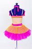Yellow stretch net dress over bright pink skirt with a large  flower applique on the front of the bodice. Comes with  gauntlets, mesh leg warmers, and hair bow. Back