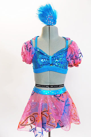 Turquoise sequined half-top with attached wing cape of pink sequined lace. Has matching lace skirt and separate turquoise panty. Comes with feather hair piece. Front Zoom