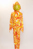 Orange, yellow and white swirled unitard with a large sequined bow and a long 3D tail on the behind.  with a Hood has sequined ears. Front