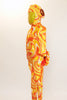 Orange, yellow and white swirled unitard with a large sequined bow and a long 3D tail on the behind.  with a Hood has sequined ears. Side