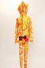 Orange, yellow and white swirled unitard with a large sequined bow and a long 3D tail on the behind.  with a Hood has sequined ears. Back
