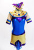 Egyptian inspired tunic dress with built in shorts is metallic blue, purple and gold and is accented with crystals and coloured jewel accents on the collar. Front