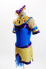 Egyptian inspired tunic dress with built in shorts is metallic blue, purple and gold and is accented with crystals and coloured jewel accents on the collar. Side