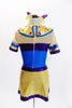 Egyptian inspired tunic dress with built in shorts is metallic blue, purple and gold and is accented with crystals and coloured jewel accents on the collar. Back