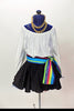 White leotard with blouson sleeves has as a matching black skirt with tulle petticoat.Comes with a striped sash and a matching  head scarf with  hoop earrings. Front 