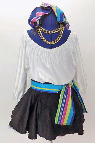 White leotard with blouson sleeves has as a matching black skirt with tulle petticoat.Comes with a striped sash and a matching  head scarf with  hoop earrings. Front zoom