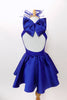 Violet blue, fully lined Lycra, keyhole back leotard dress with bow accent has stretch sateen full skirt with crisp tulle petticoat and matching hair accessory. Back