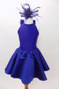 Violet blue, fully lined Lycra, keyhole back leotard dress with bow accent has stretch sateen full skirt with crisp tulle petticoat and matching hair accessory. Front