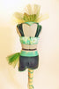 Green  half-top is covered with crystals and tulle collar. The bottom is a dark green velvet with  accent on the left hip & green straps wrap around  leg. Back