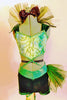 Green  half-top is covered with crystals and tulle collar. The bottom is a dark green velvet with  accent on the left hip & green straps wrap around  leg. Front zoom