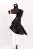 White dress has sateen skirt with black lace overlay & waistband adorned with crystal & black beaded appliques. Comes with long black gloves & hair accessory. Front Zoom