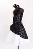 White dress has sateen skirt with black lace overlay & waistband adorned with crystal & black beaded appliques. Comes with long black gloves & hair accessory. Side
