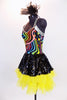 Rainbow swirled patterned leotard with yellow bottom and silver straps, has an attached skirt of ruffled, layered yellow tulle with a black sequined overlay. Side