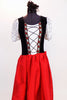 Character style ballet dress has black velvet lace-up bodice with embroidered ribbon trim accent, white/silver sequined pouf sleeves & a long red taffeta skirt. Front zoom