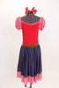 Red leotard dress has checkered pouf sleeves and denim like skirt with checkered trim. Has attached blue panty, brown leather belt and red hair bow accessories. Front