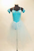 Ballet tutu dress has glitter velvet pinch front leotard & detachable pull-on pouf sleeves. Has attached crystal blue tulle layered skirt & crystal hair piece. Front 