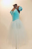 Ballet tutu dress has glitter velvet pinch front leotard & detachable pull-on pouf sleeves. Has attached crystal blue tulle layered skirt & crystal hair piece. Side