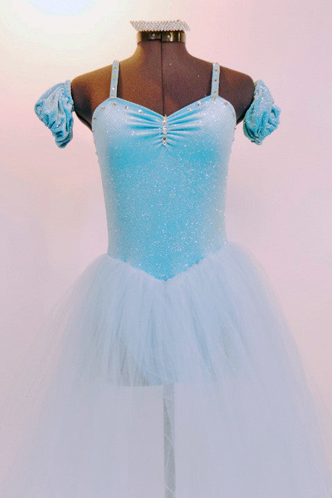 Ballet tutu dress has glitter velvet pinch front leotard & detachable pull-on pouf sleeves. Has attached crystal blue tulle layered skirt & crystal hair piece. Front Zoom