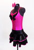 Metallic fuchsia pinch front camisole leotard has black sequined applique front. Comes with shiny black & fuchsia ruffled, skirt &matching hair accessory. Side