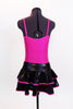 Metallic fuchsia pinch front camisole leotard has black sequined applique front. Comes with shiny black & fuchsia ruffled, skirt &matching hair accessory. Back